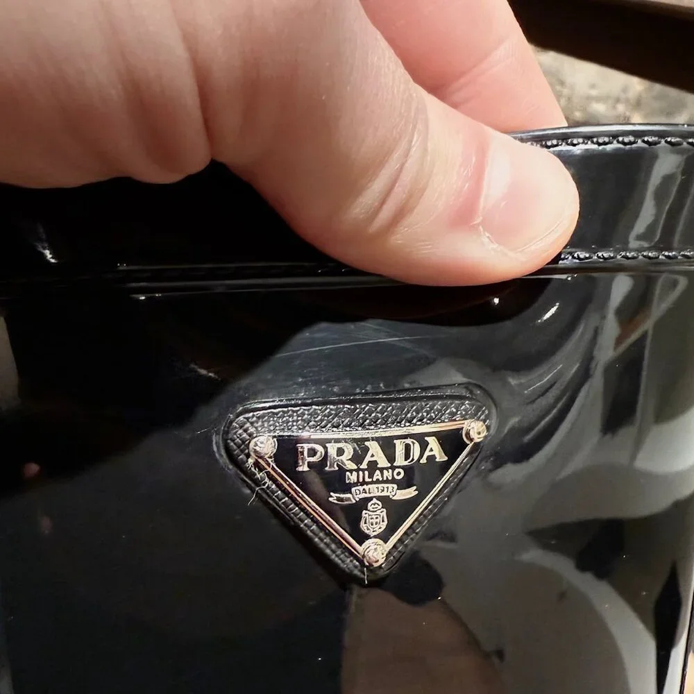 Prada Black Enamel Triangle Mid-Calf Rain Boots - Picture 2 of 14